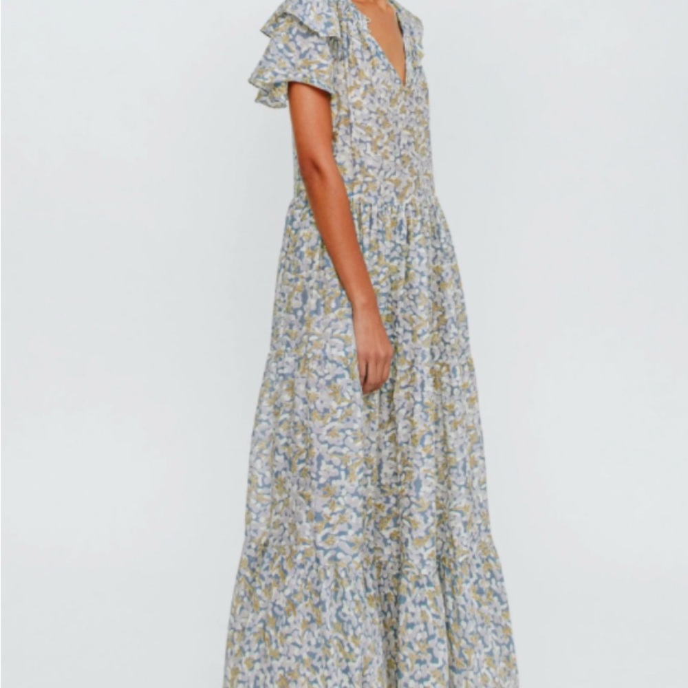 Blue and Tan Tiered Ruffled Maxi Dress with Flutter Sleeves